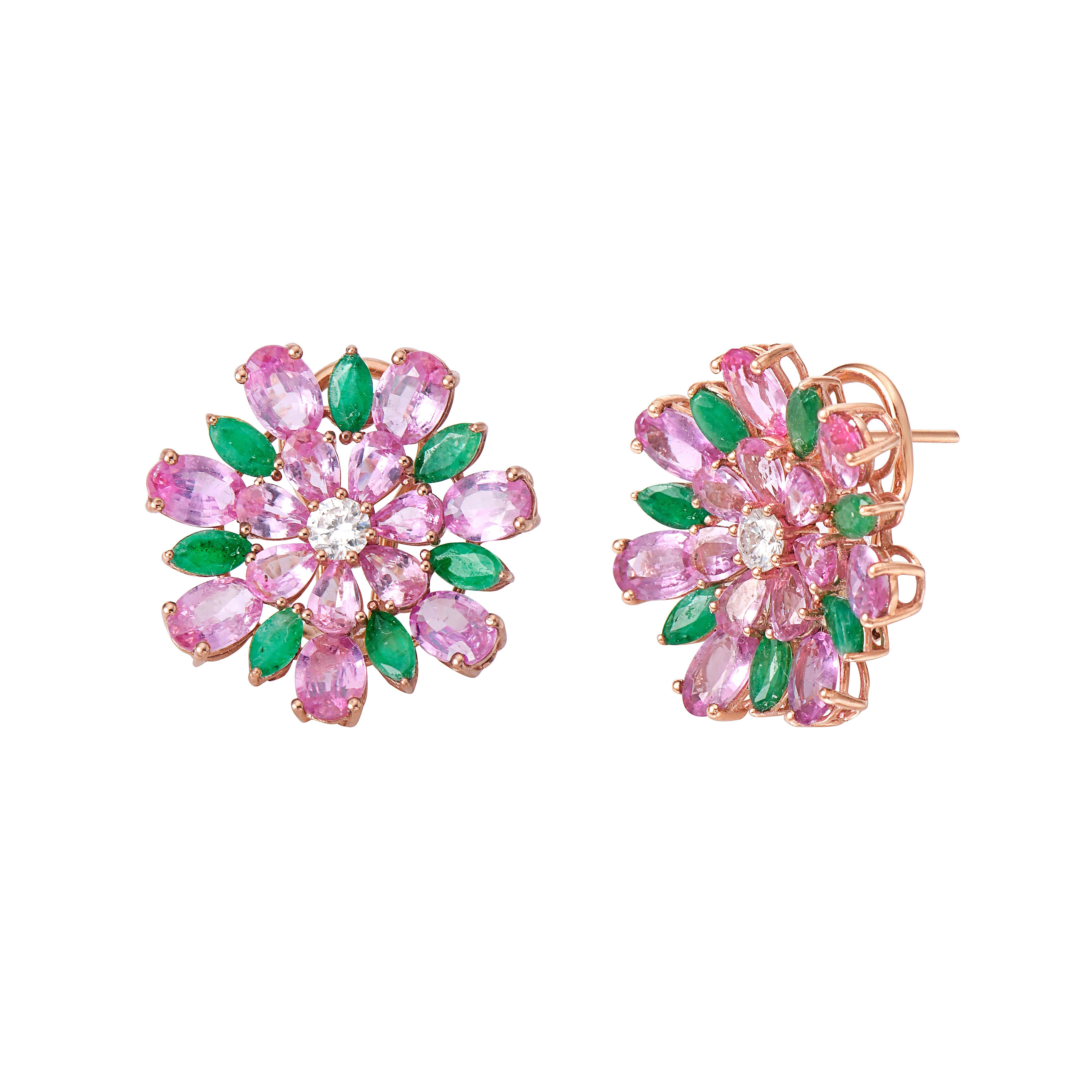 Contemporary RUCHI Pink Sapphire, Emerald and Diamond Rose Gold Flower Stud Earrings For Sale