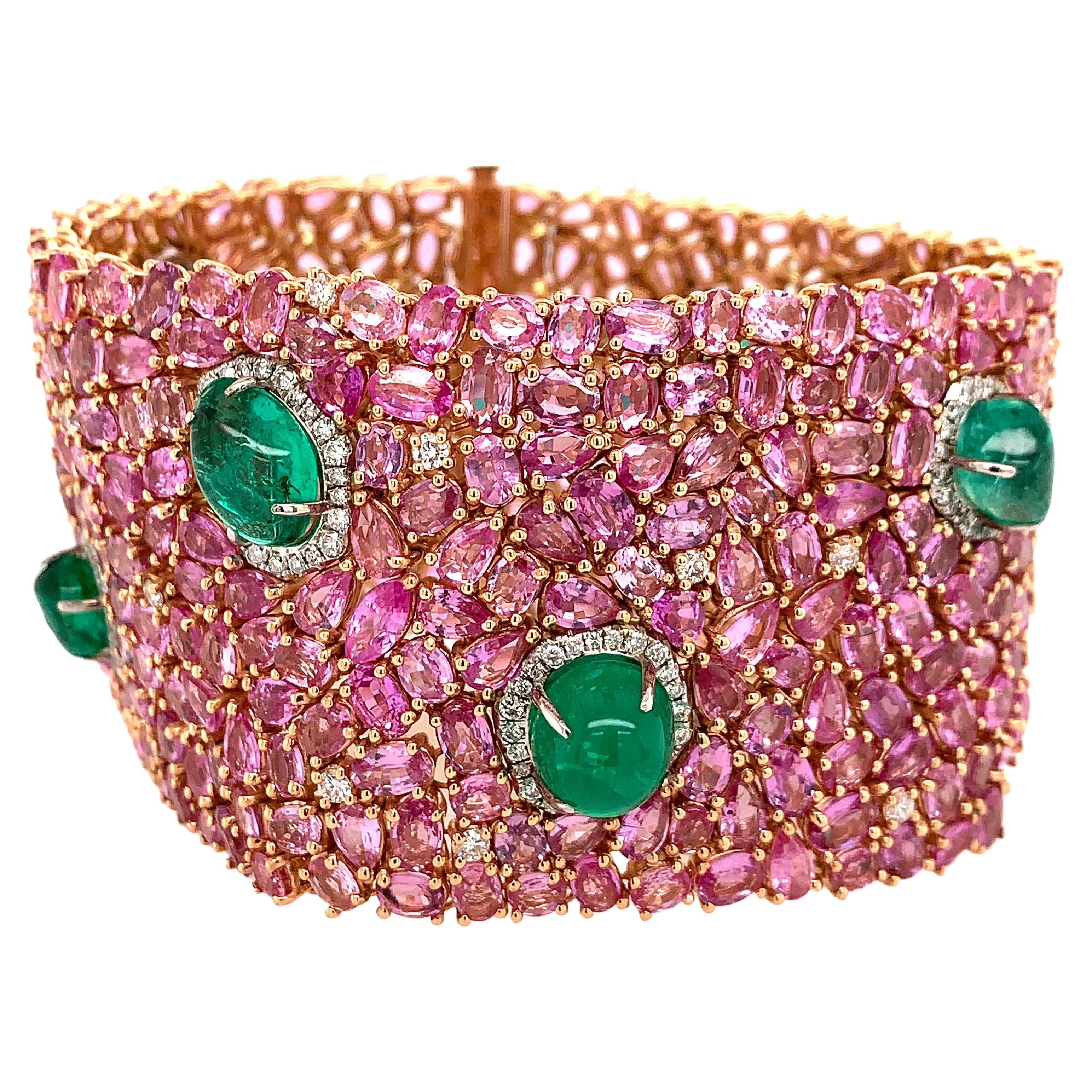 RUCHI Pink Sapphire, Emerald and Diamond Rose Gold Wide Bracelet For Sale