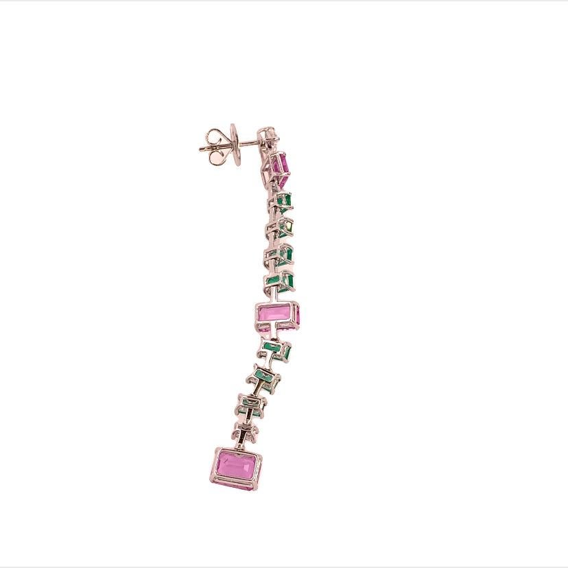 Contemporary RUCHI Pink Sapphire and Emerald White Gold Linear Earrings For Sale