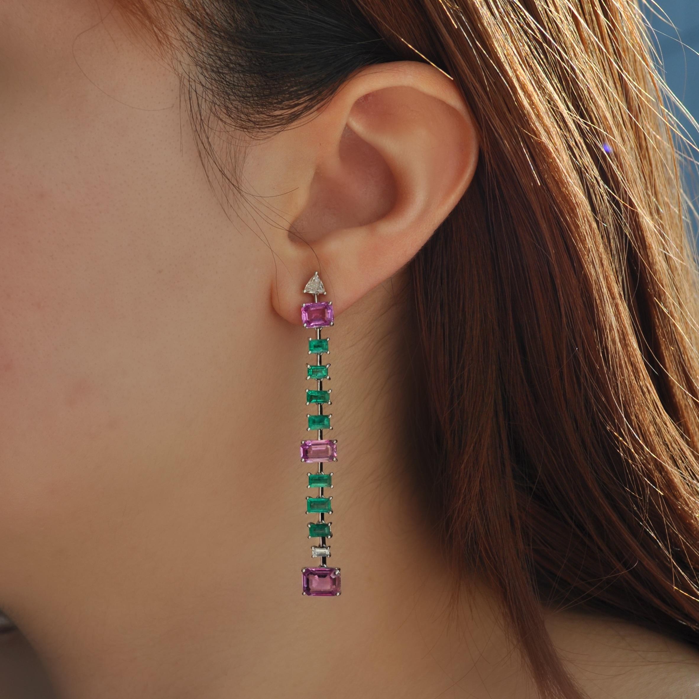 Emerald Cut RUCHI Pink Sapphire and Emerald White Gold Linear Earrings For Sale