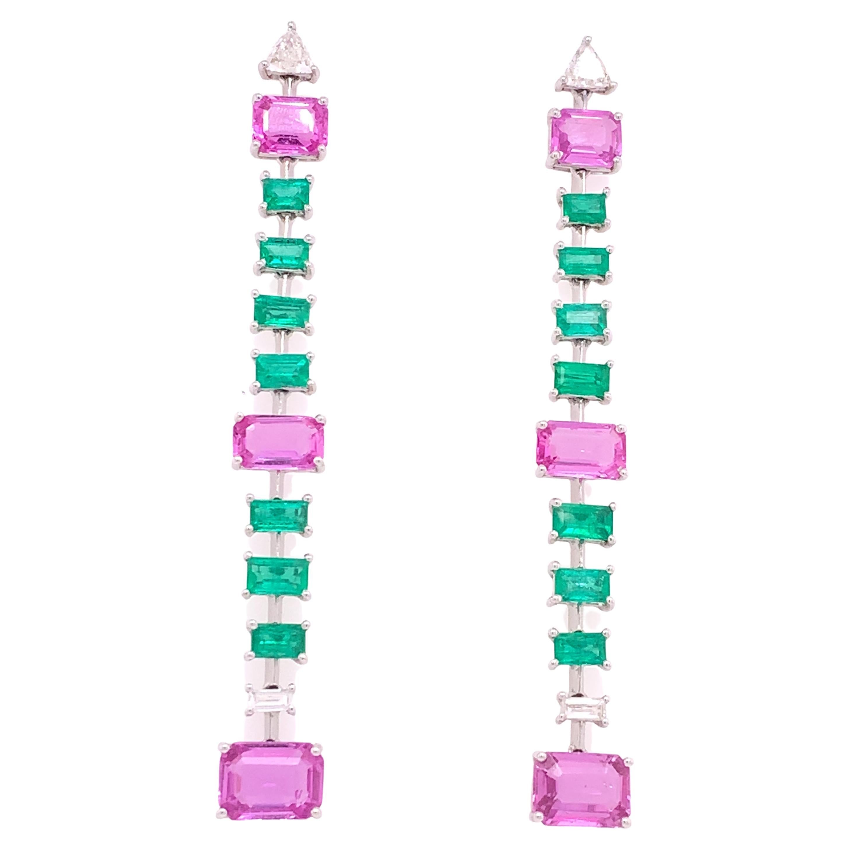 RUCHI Pink Sapphire and Emerald White Gold Linear Earrings For Sale