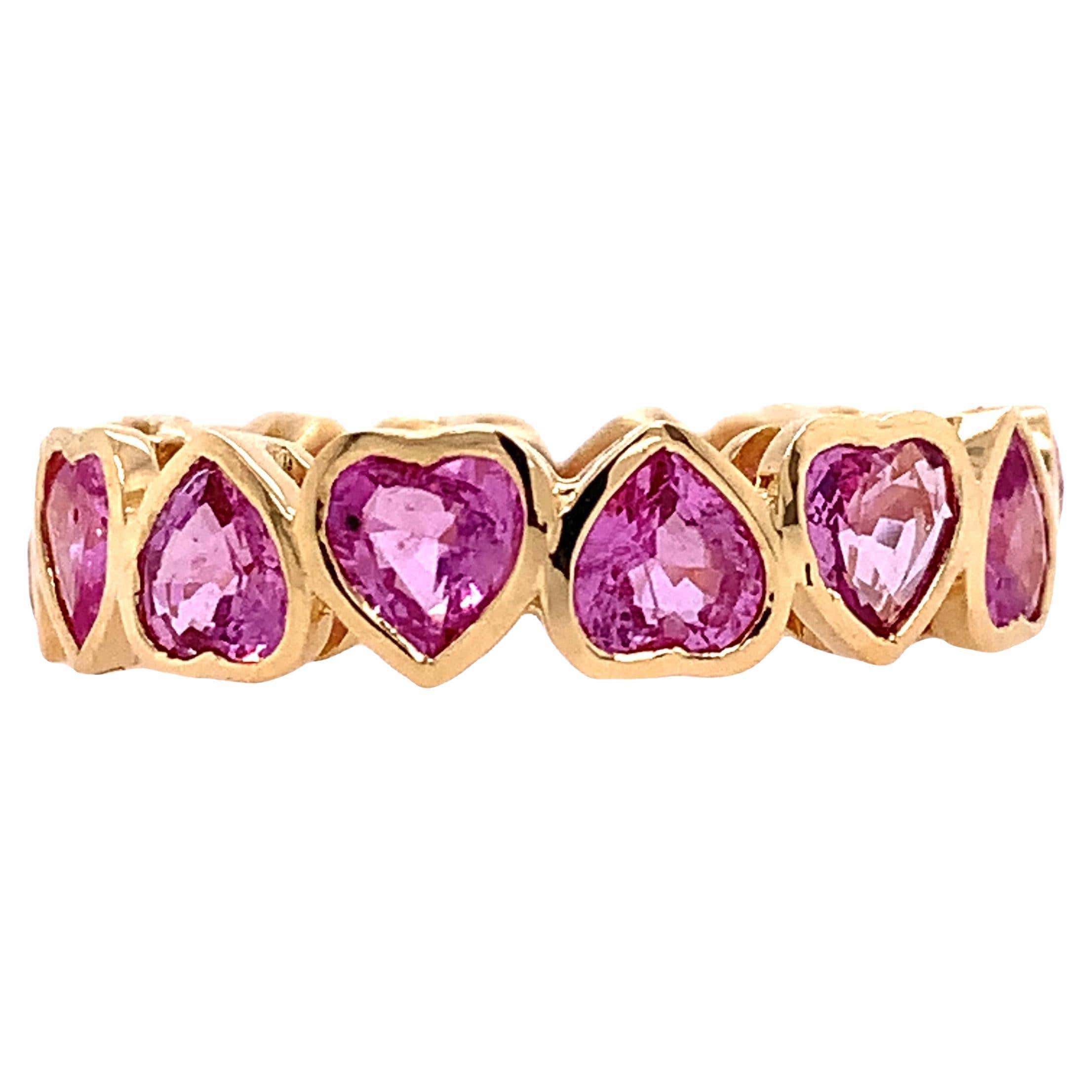 9ct Yellow Gold Simulated Blue Sapphire Heart Eternity Ring – Round Cut Wedding Band, Sizes J–S | Old English Jewellers