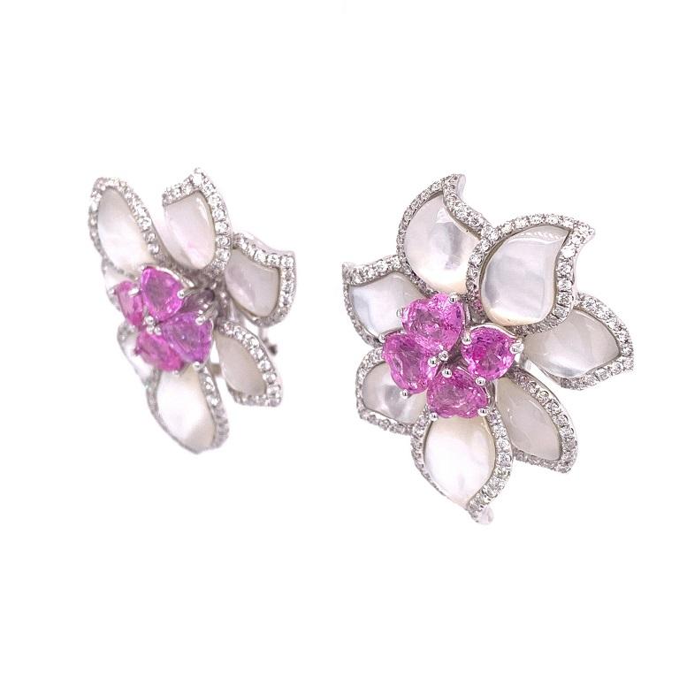 Contemporary Ruchi New York Pink Sapphire, Mother of Pearl and Diamond Flower Earrings