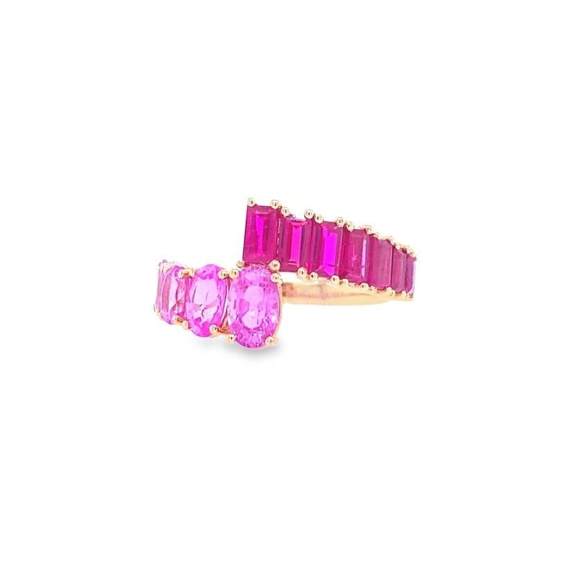 Contemporary RUCHI Oval-Shape Pink Sapphire and Baguette Ruby Rose Gold Bypass Ring  For Sale