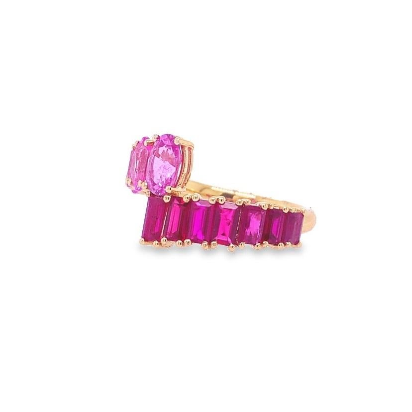 Mixed Cut RUCHI Oval-Shape Pink Sapphire and Baguette Ruby Rose Gold Bypass Ring  For Sale