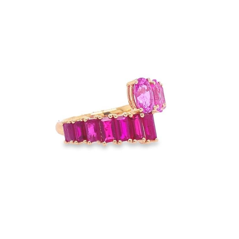 RUCHI Oval-Shape Pink Sapphire and Baguette Ruby Rose Gold Bypass Ring  In New Condition For Sale In New York, NY