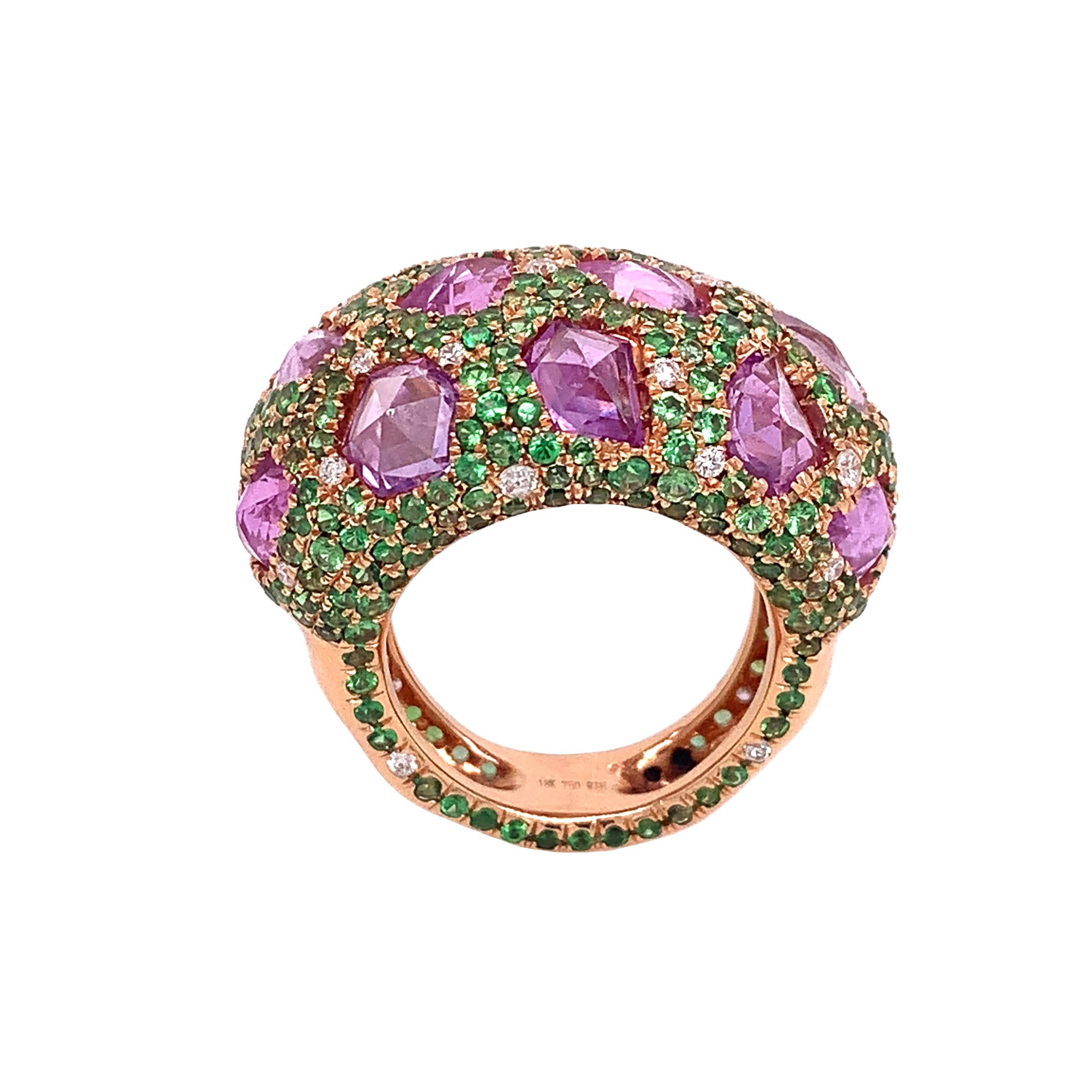 Contemporary RUCHI Pink Sapphire, Tsavorite and Diamond Rose Gold Cocktail Dome Ring For Sale
