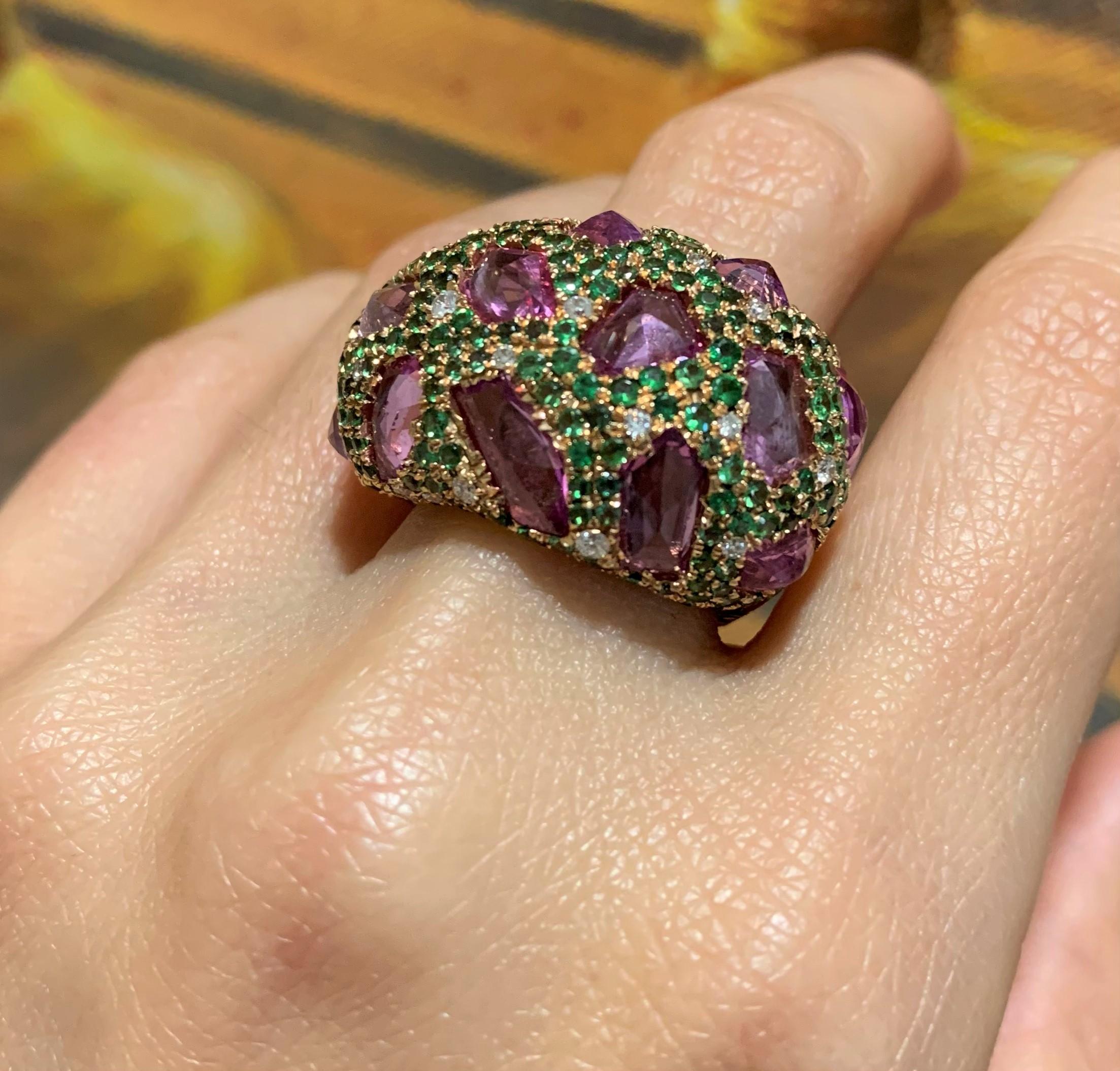 Men's RUCHI Pink Sapphire, Tsavorite and Diamond Rose Gold Cocktail Dome Ring For Sale