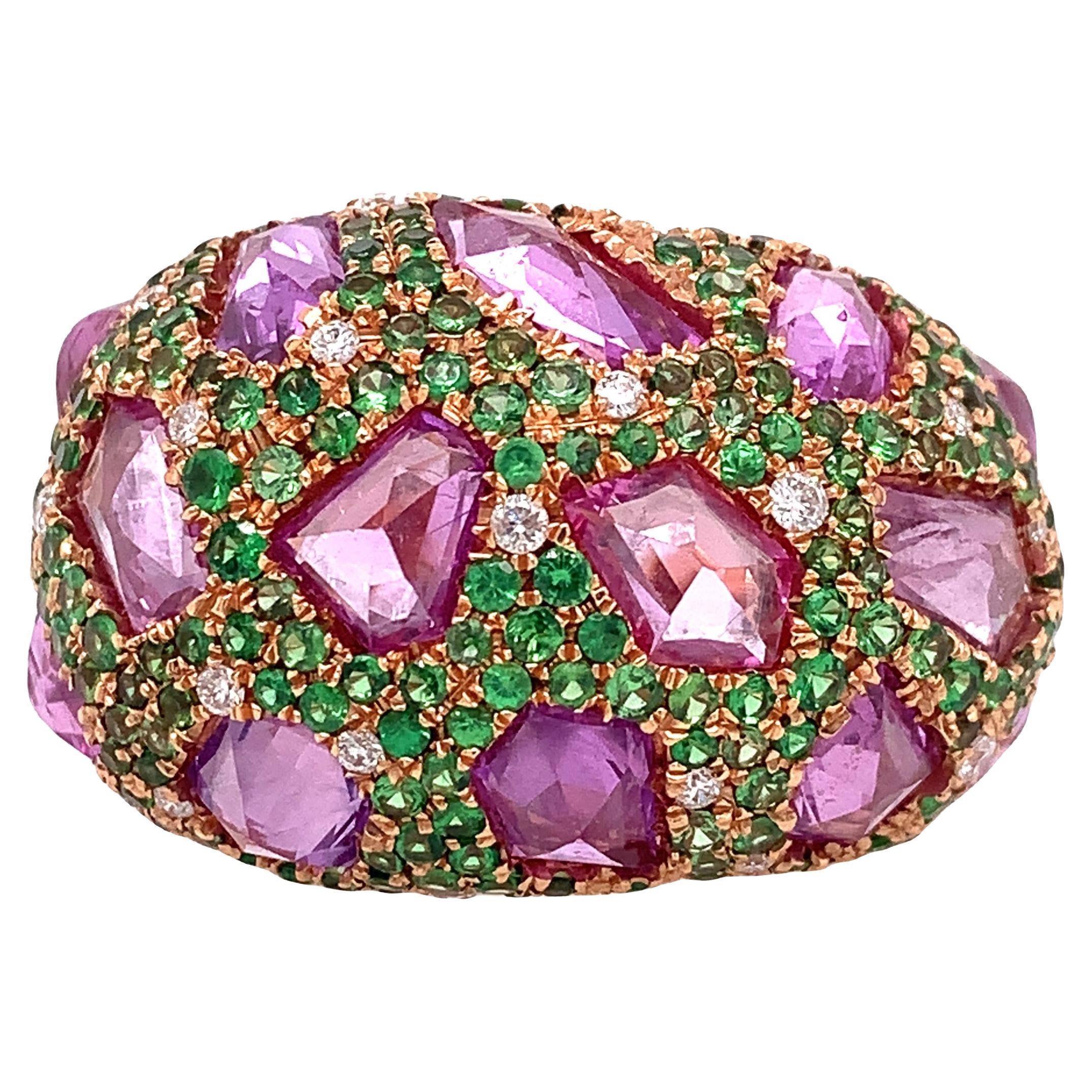 RUCHI Pink Sapphire, Tsavorite and Diamond Rose Gold Cocktail Dome Ring For Sale