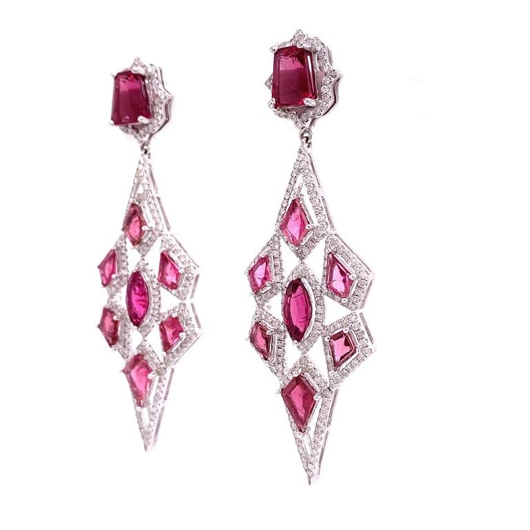 18K White Gold.
Pink Tourmaline: 10.17ct total weight. 
Diamonds: 2.09ct total weight. 
All diamonds are G-H/SI stones.
