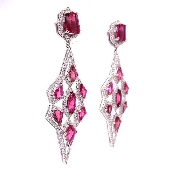 Contemporary RUCHI Mixed Shape Pink Tourmaline & Diamond White Gold Chandelier Earrings For Sale