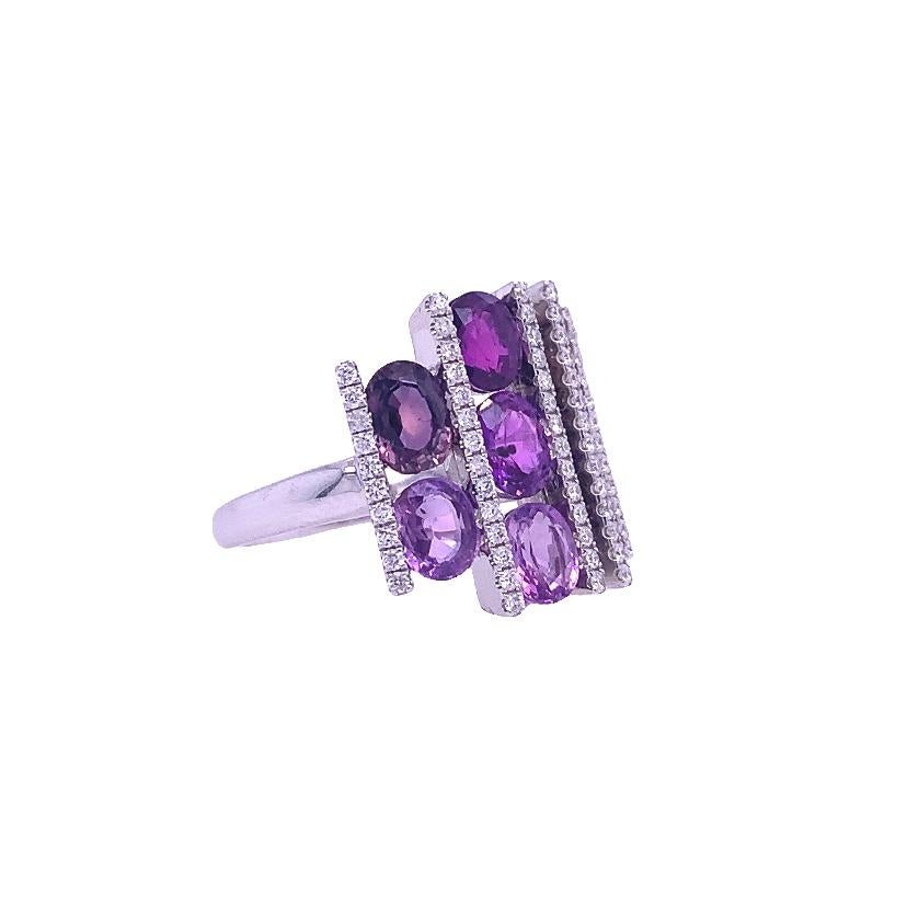 Contemporary RUCHI Multi-Row Purple Sapphire & Diamond White Gold Ring For Sale