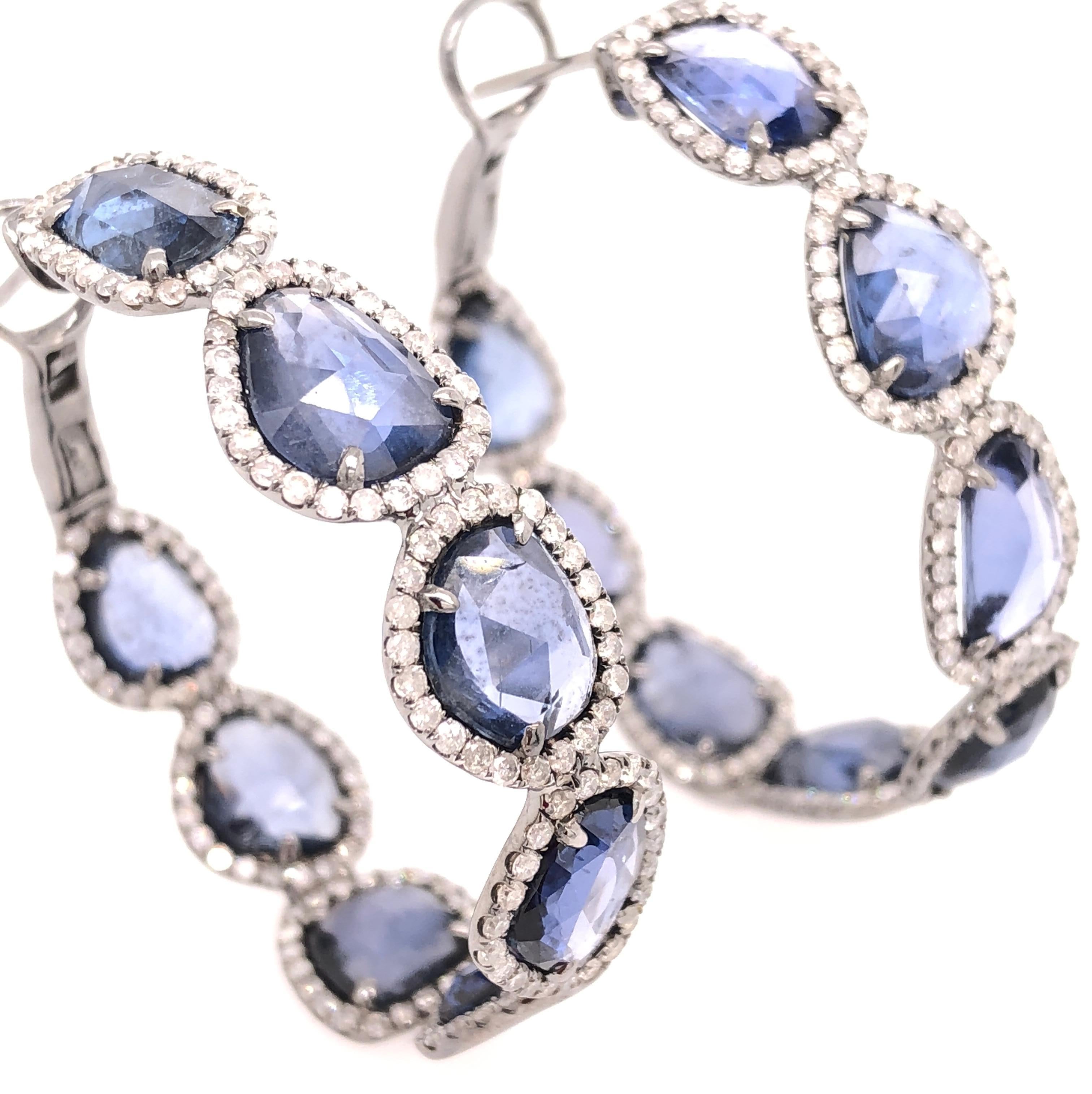 Contemporary Ruchi New York Rose Cut Blue Sapphire and Pavé Diamond Hoops