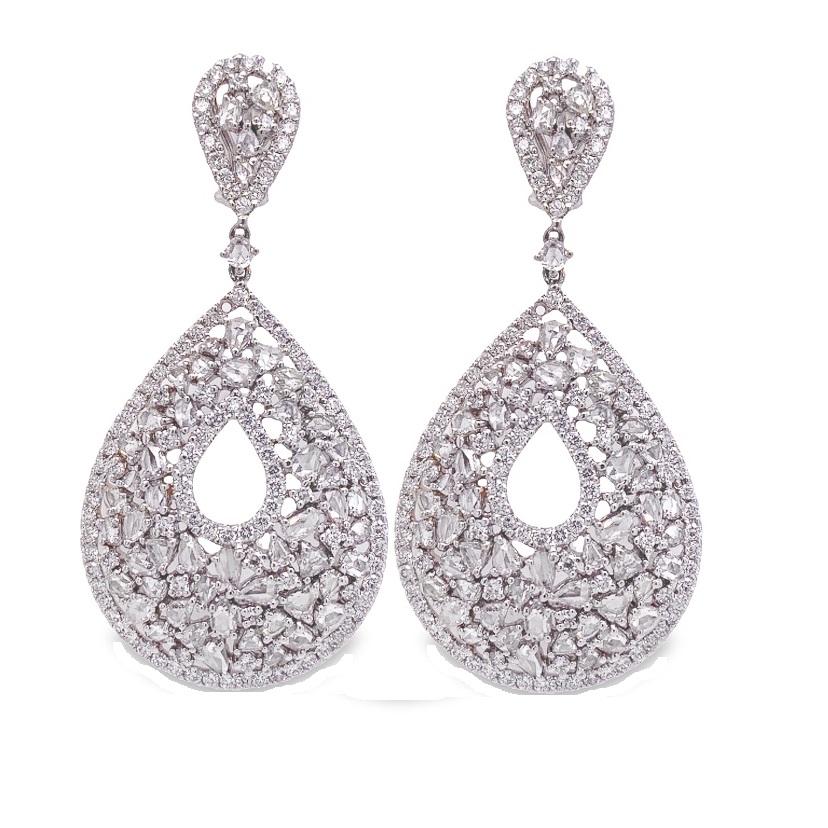 Contemporary RUCHI Mixed-Shape Rose-Cut Diamond White Gold Chandelier Earrings For Sale