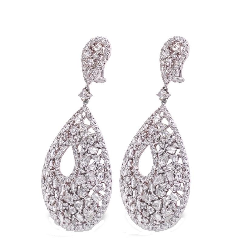 Mixed Cut RUCHI Mixed-Shape Rose-Cut Diamond White Gold Chandelier Earrings For Sale