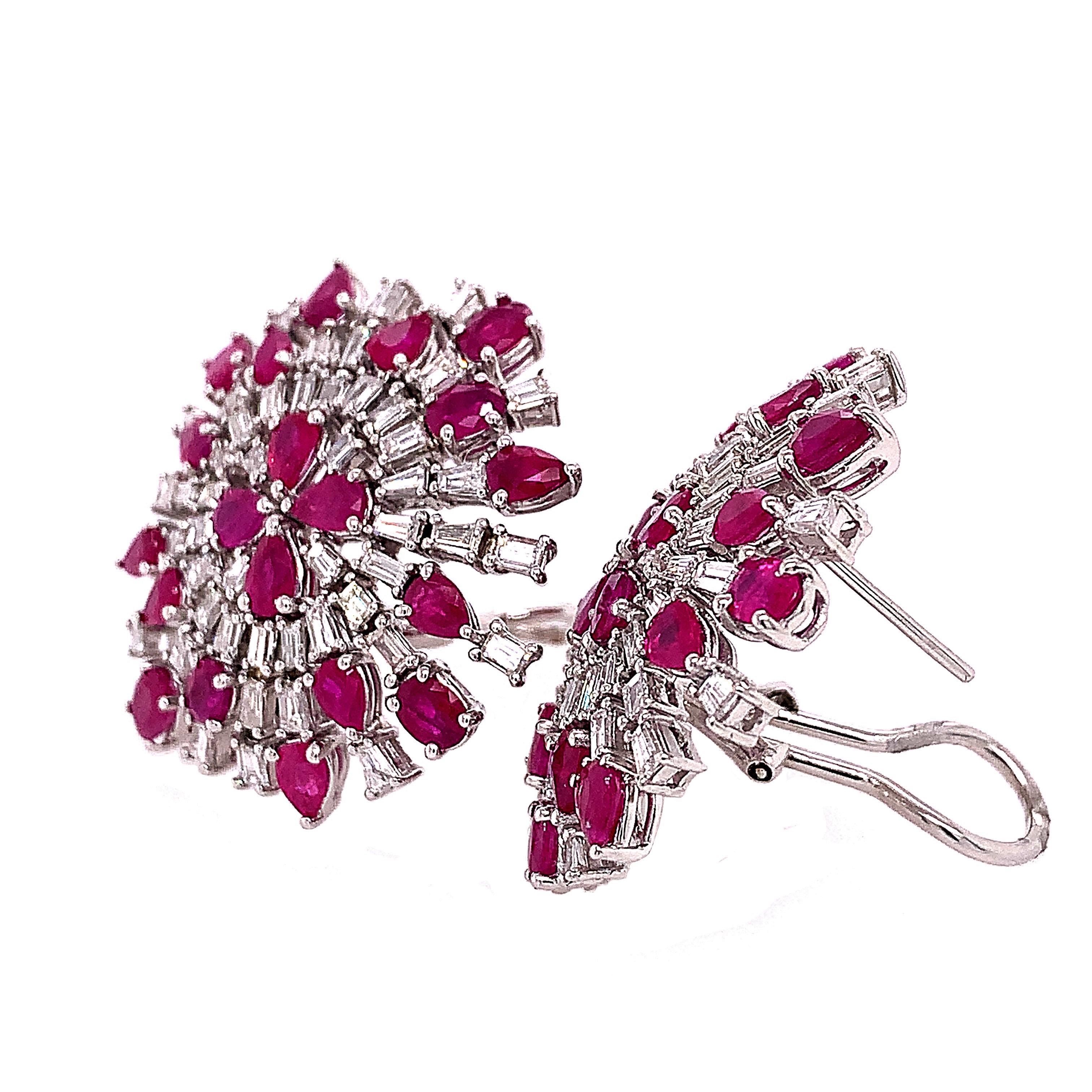 Contemporary RUCHI Mixed-Shape Ruby and Baguette Diamond White Gold Clip On Earrings For Sale