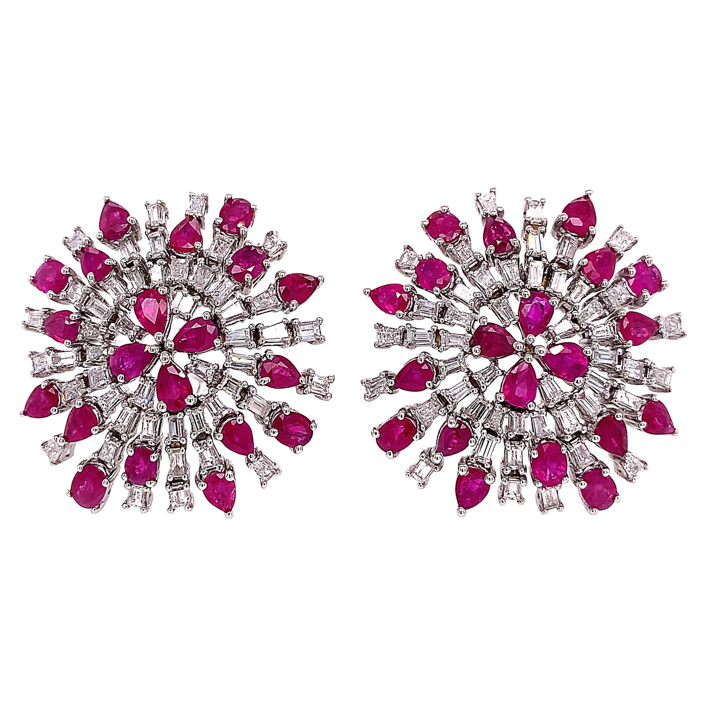 RUCHI Mixed-Shape Ruby and Baguette Diamond White Gold Clip On Earrings