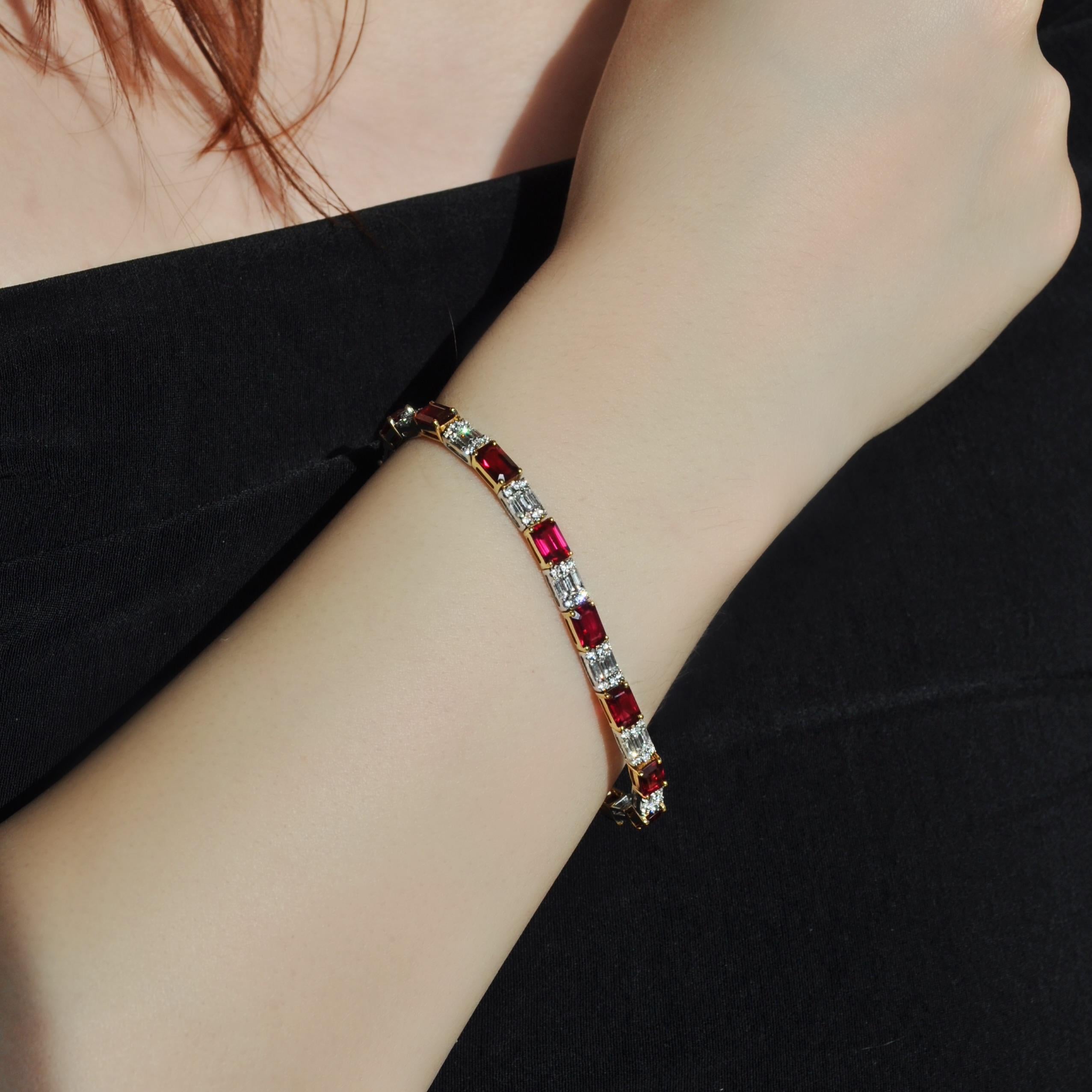 Contemporary RUCHI Ruby and Baguette Diamond Two-Tone Gold Bracelet For Sale