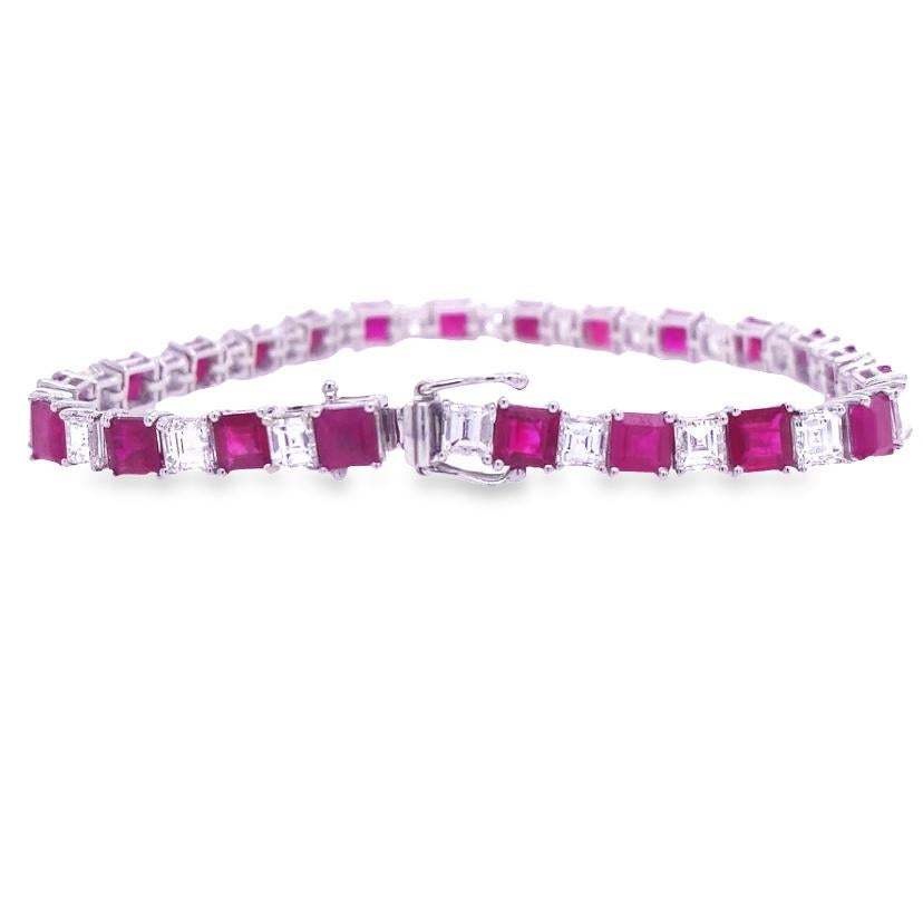Contemporary RUCHI Ruby and Carre-Cut Diamond White Gold Tennis Link Bracelet For Sale