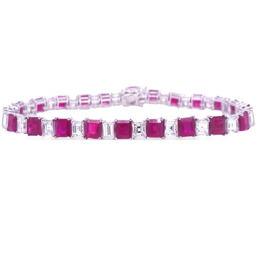 Mixed Cut RUCHI Ruby and Carre-Cut Diamond White Gold Tennis Link Bracelet For Sale