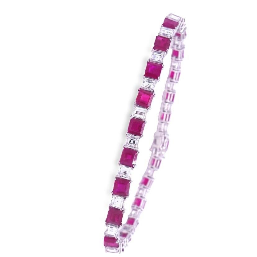 RUCHI Ruby and Carre-Cut Diamond White Gold Tennis Link Bracelet In New Condition For Sale In New York, NY