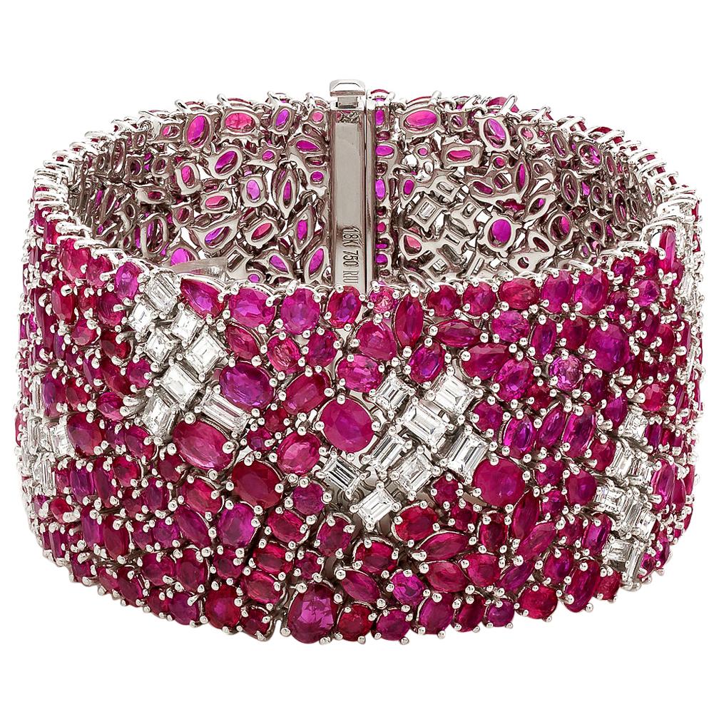 RUCHI Mixed-Shape Ruby and Baguette Diamond White Gold Wide Bracelet