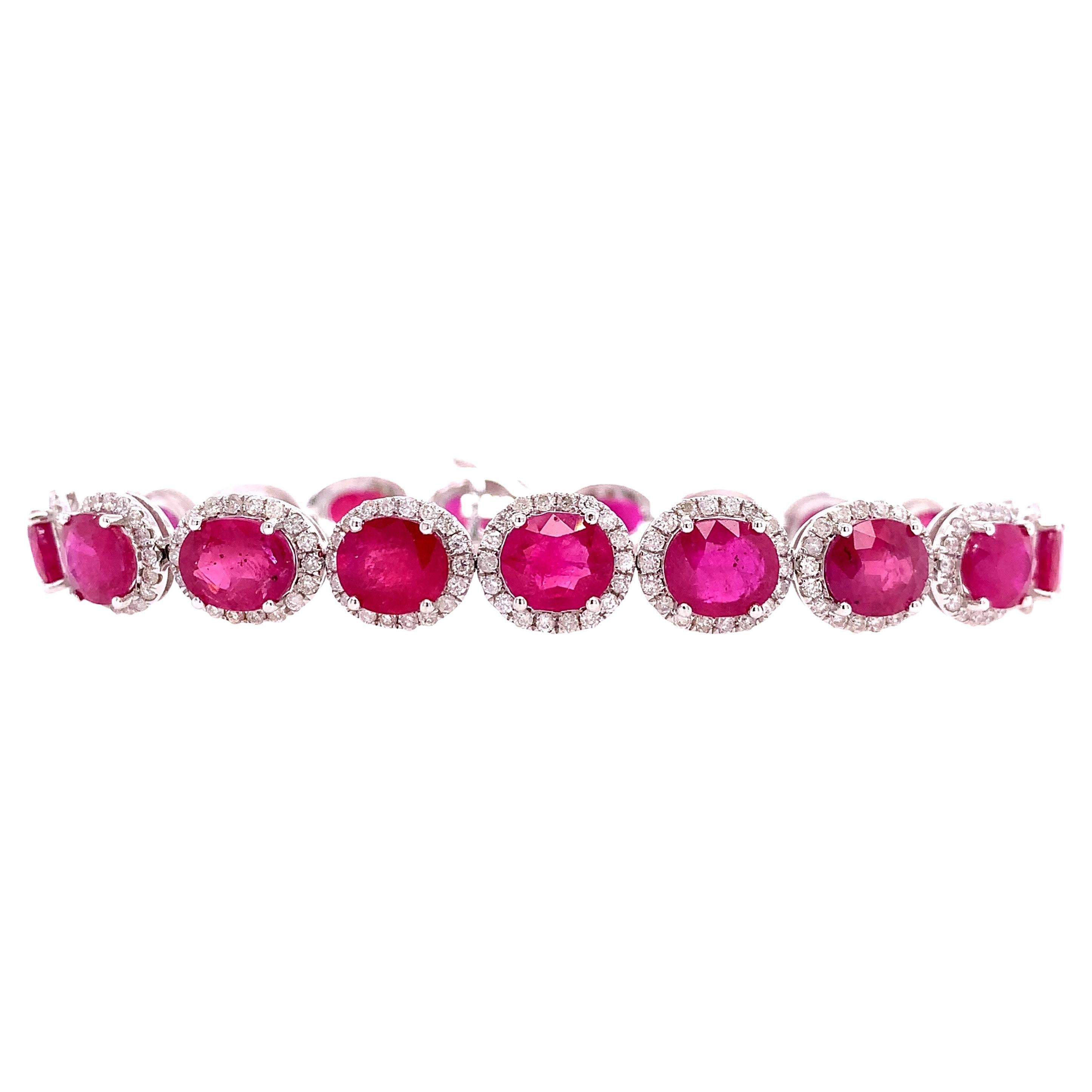 RUCHI Oval-Cut Ruby with Diamond White Gold Tennis Bracelet For Sale
