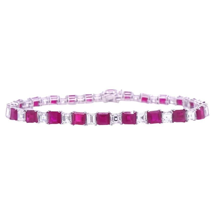 RUCHI Ruby and Carre-Cut Diamond White Gold Tennis Link Bracelet For Sale