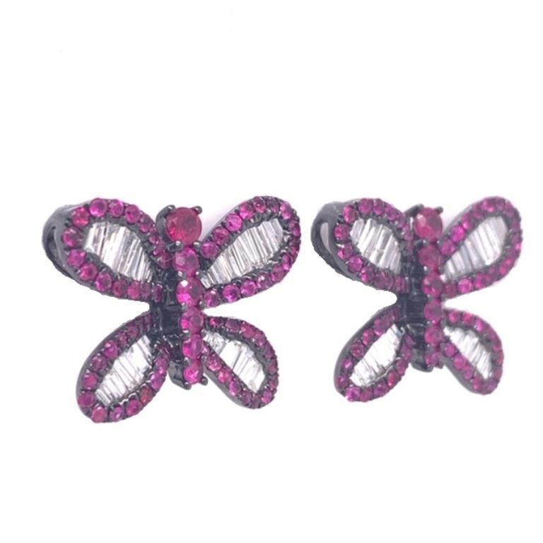 Contemporary RUCHI Baguette Ruby & Diamond Black Rhodium Butterfly Stud Earrings For Sale