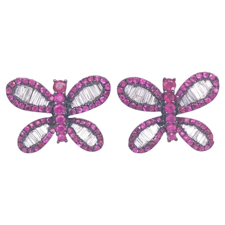 RUCHI Baguette Ruby & Diamond Black Rhodium Butterfly Stud Earrings For Sale