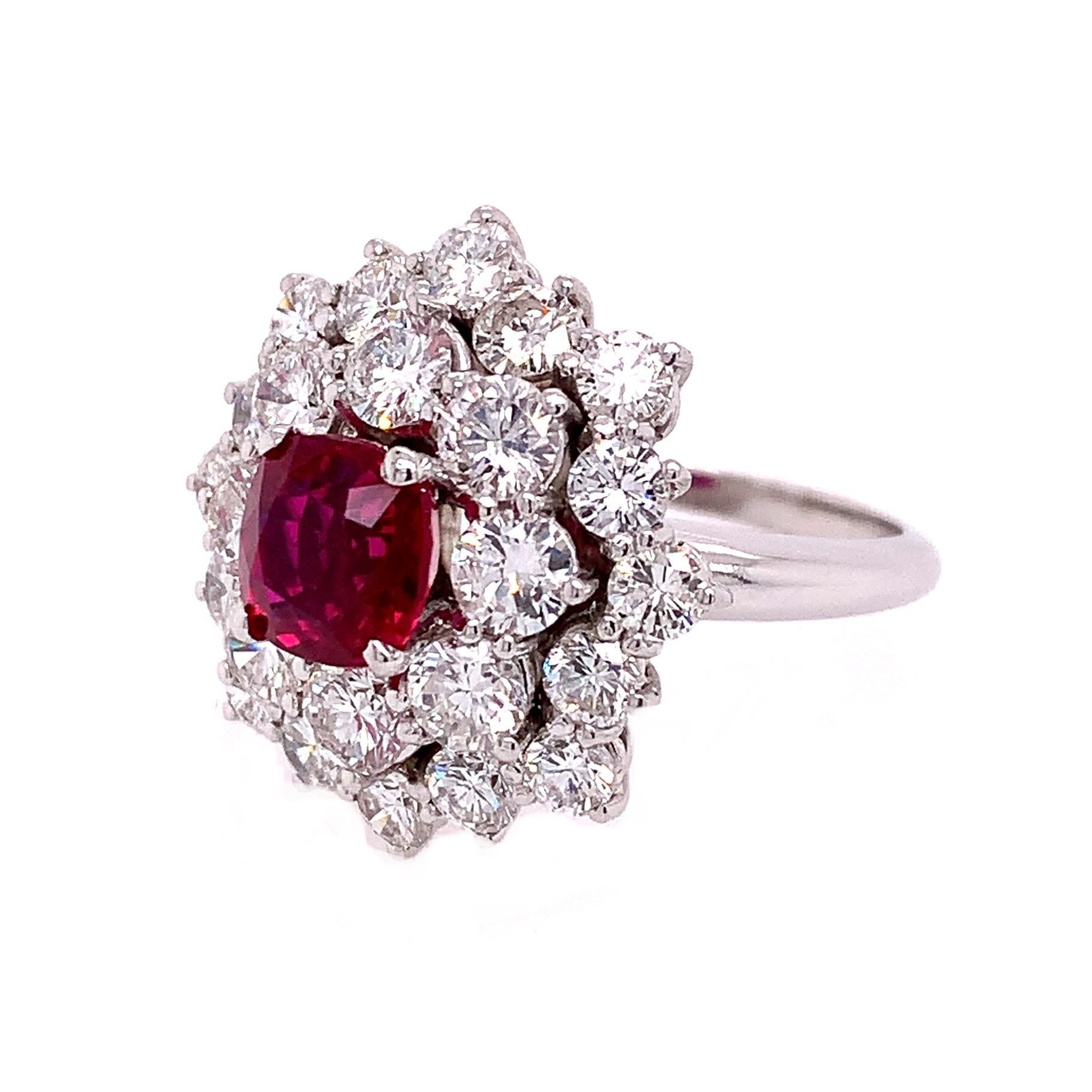18K White Gold
Ruby: 2.05ct total weight.
Diamond: 24 stones - 3.00ct total weight.
All diamonds are G-H/SI stones.
U.S size 6.25. 
