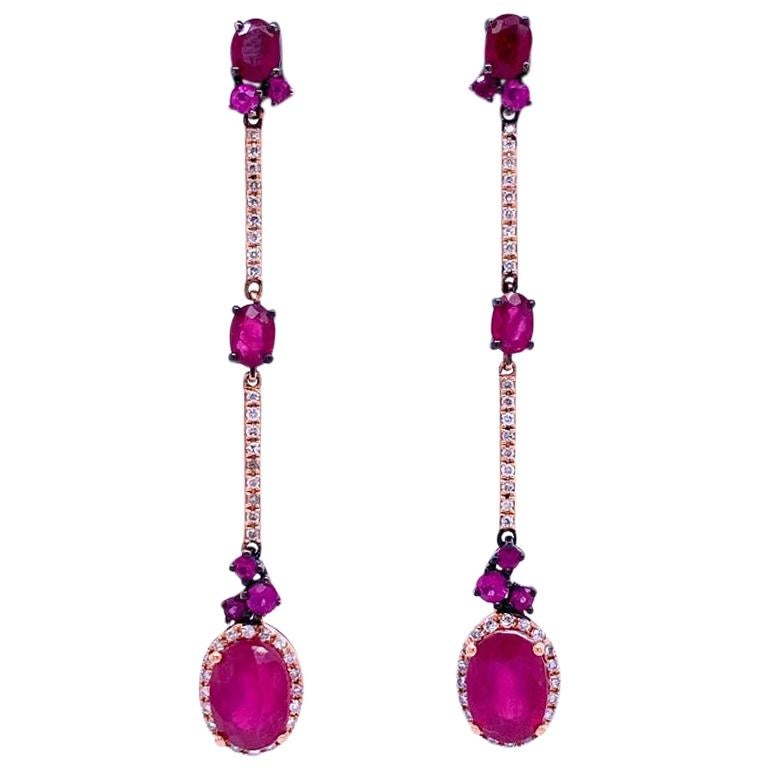 RUCHI Glass Filled & Natural Ruby with Diamond Rose Gold Dainty Drop Earrings For Sale