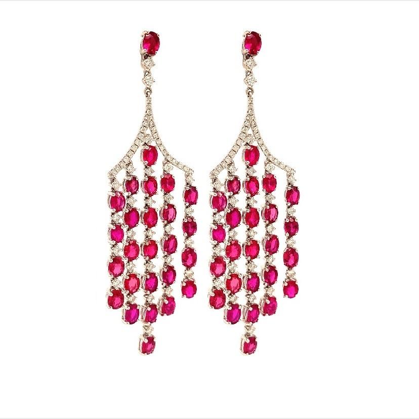 Contemporary RUCHI Ruby & Diamond White Gold Chandelier Dangle Earrings For Sale
