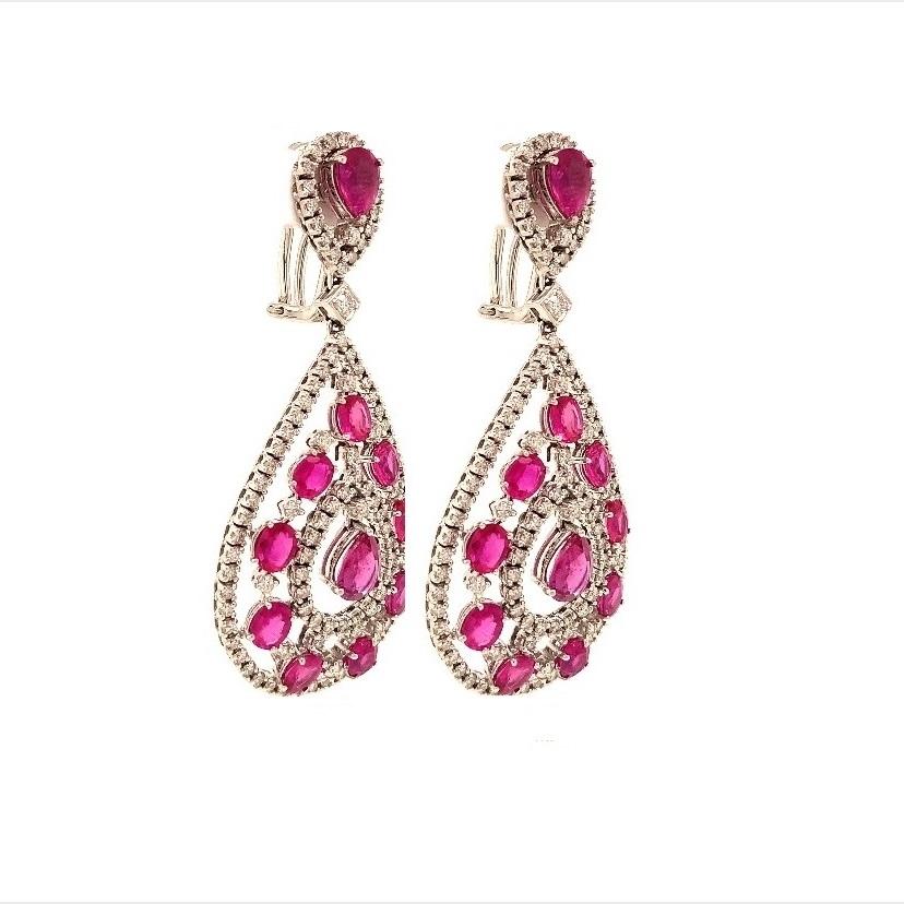 Contemporary RUCHI Ruby and Diamond White Gold Clip-On Dangle Earrings For Sale