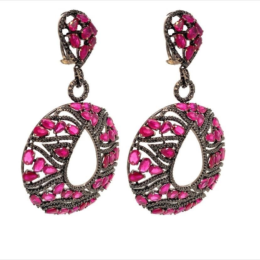 Contemporary RUCHI Ruby and Black Diamond Black Rhodium Dangle Earrings For Sale