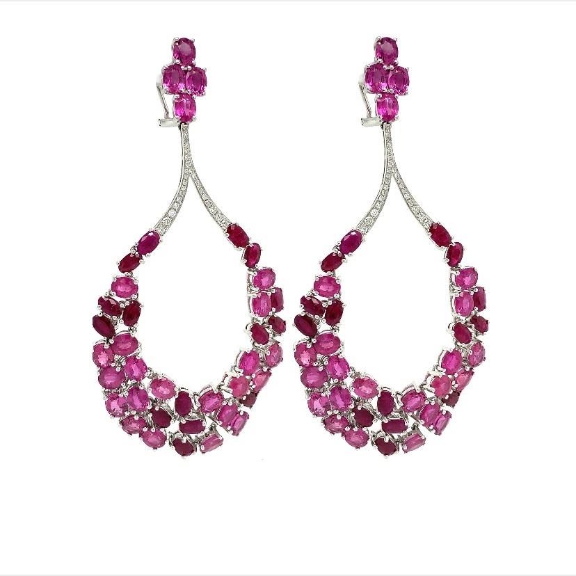 Contemporary RUCHI Oval Ruby and Pavé Diamond White Gold Dangle Earrings For Sale