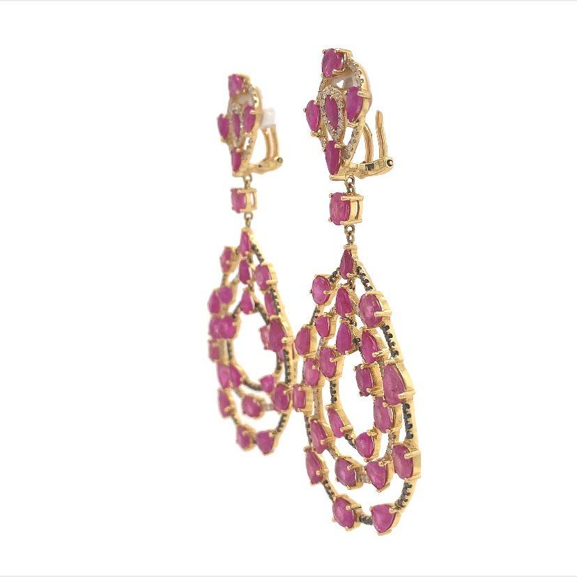Contemporary RUCHI Ruby, Pavé Black Diamond & Diamond Yellow Gold Dangle Earrings For Sale