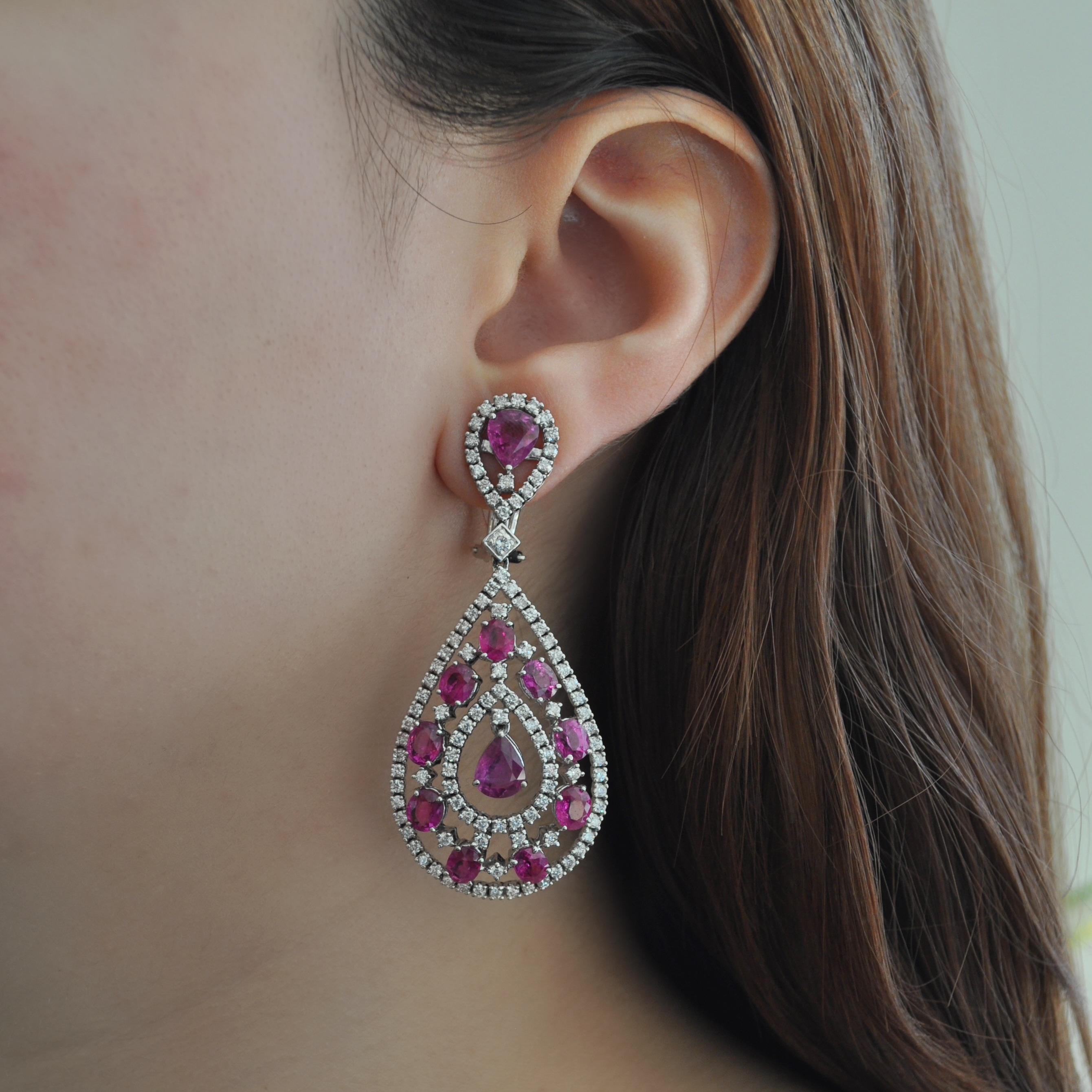 Mixed Cut RUCHI Ruby and Diamond White Gold Clip-On Dangle Earrings For Sale