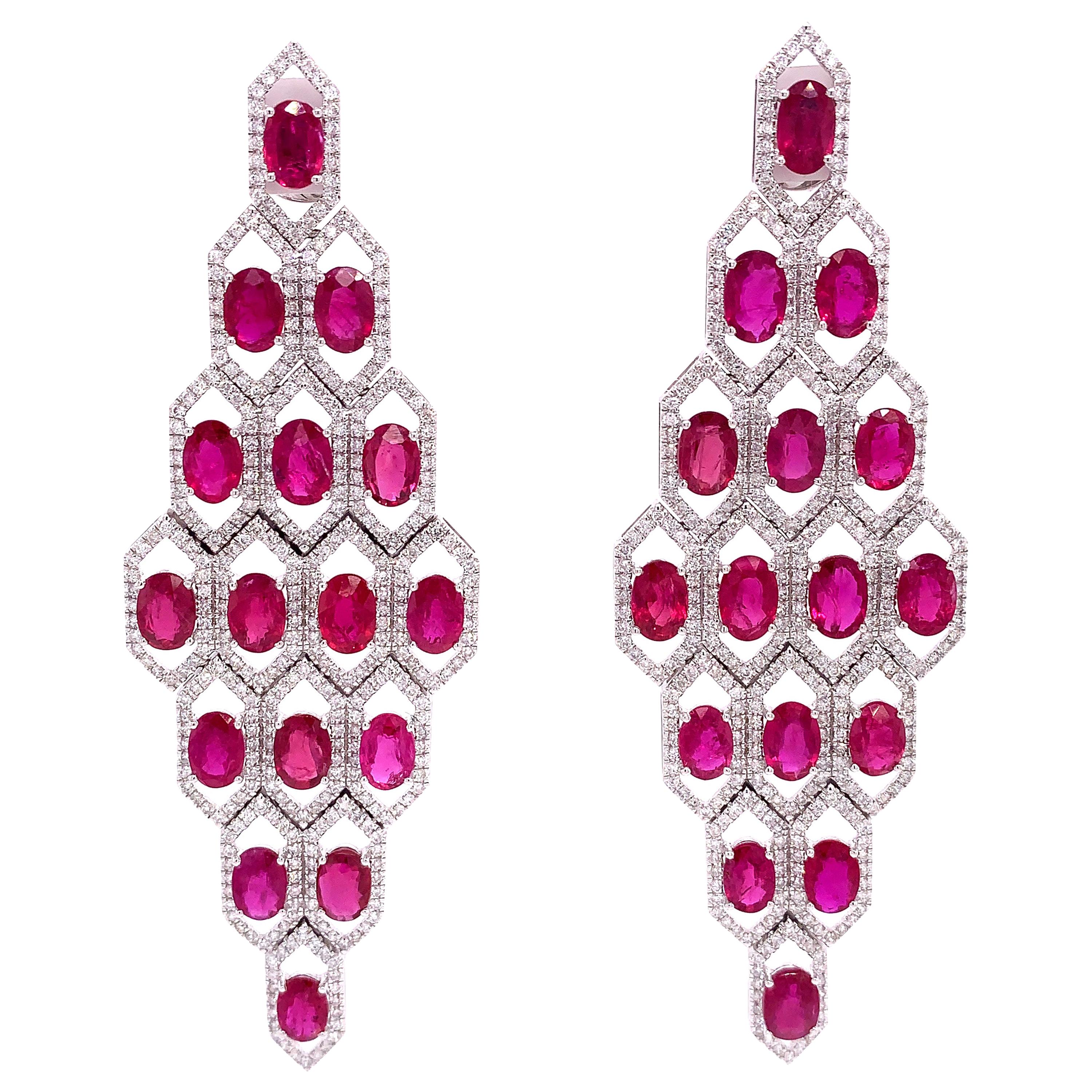 RUCHI Ruby and Pavé Diamond White Gold Chandelier Earrings For Sale
