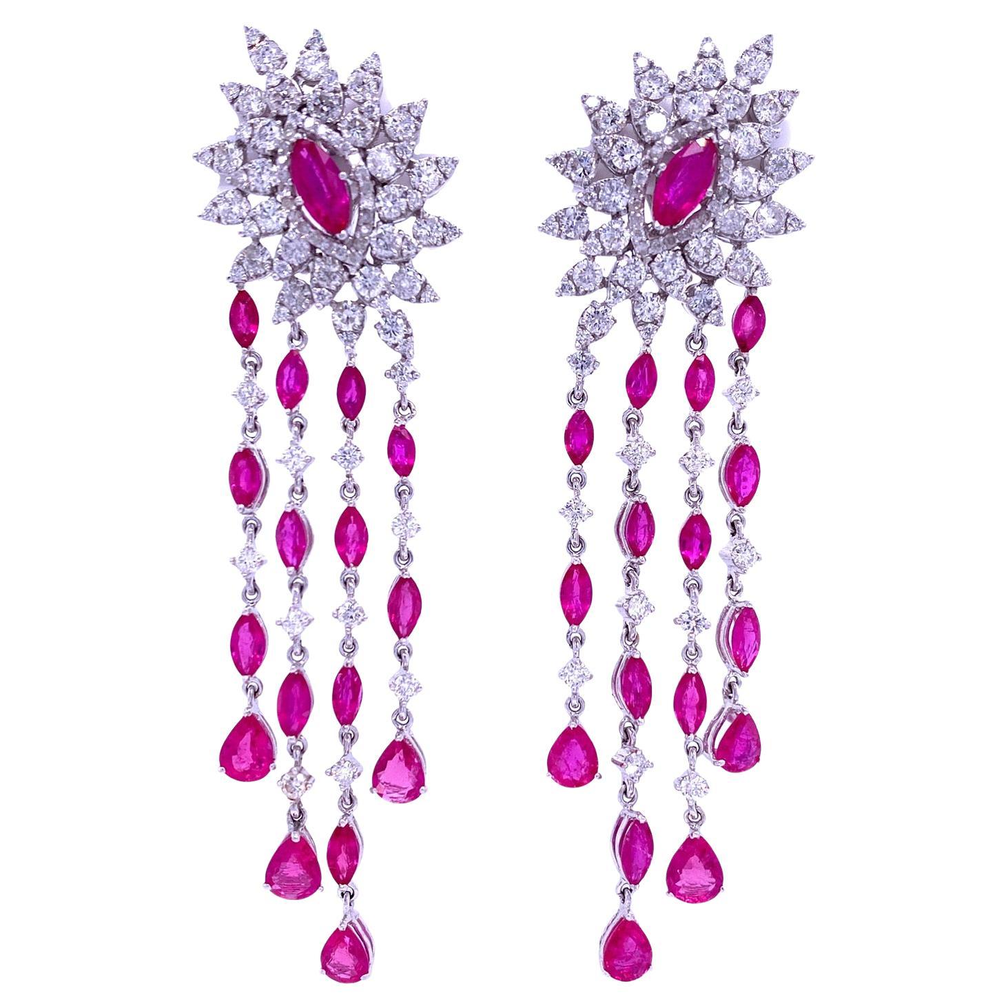 RUCHI Ruby and Brilliant-Cut Diamond White Gold Chandelier Earrings For Sale