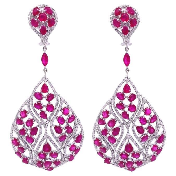 RUCHI Mixed-Shape Ruby and Diamond White Gold Clip-On Dangle Earrings For Sale