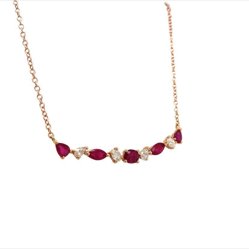 Contemporary RUCHI Alternating Mixed-Shape Ruby and Diamond Rose Gold Bar Necklace For Sale