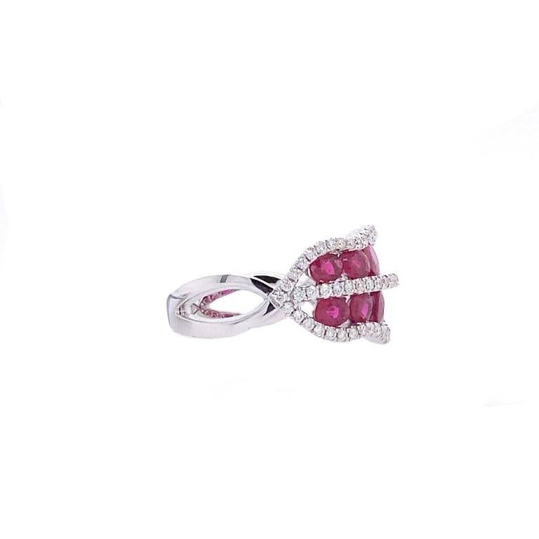 18K White Gold
Ring: US size 6.5.
Rubies: 2.27ct total weight.
Diamonds: 0.39ct total weight.
All diamonds are G-H/SI stones. 