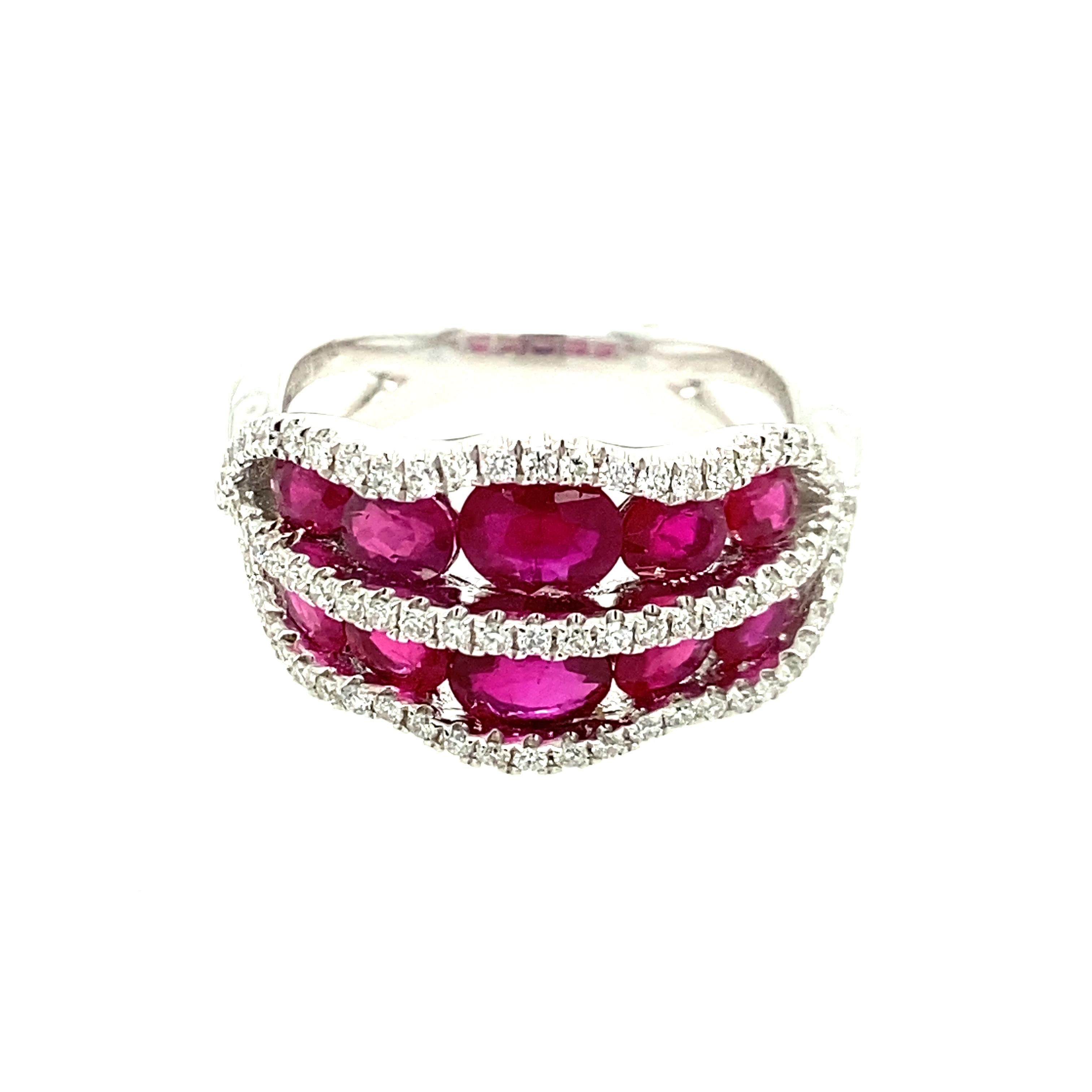 Contemporary RUCHI Ruby & Pavé Diamond White Gold Twist Shank Ring For Sale