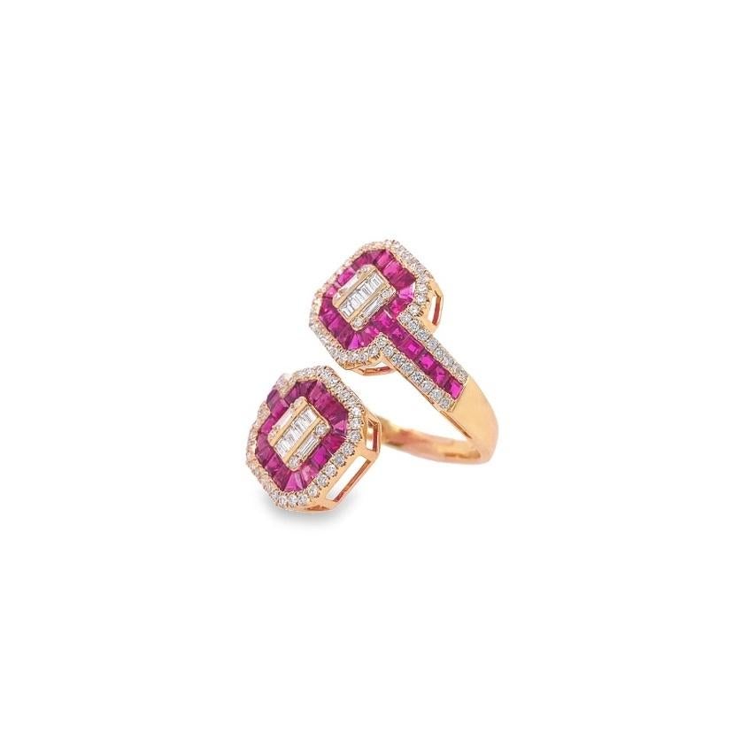 Contemporary RUCHI Baguette Ruby and Diamond Yellow Gold Art Deco Bypass Ring For Sale