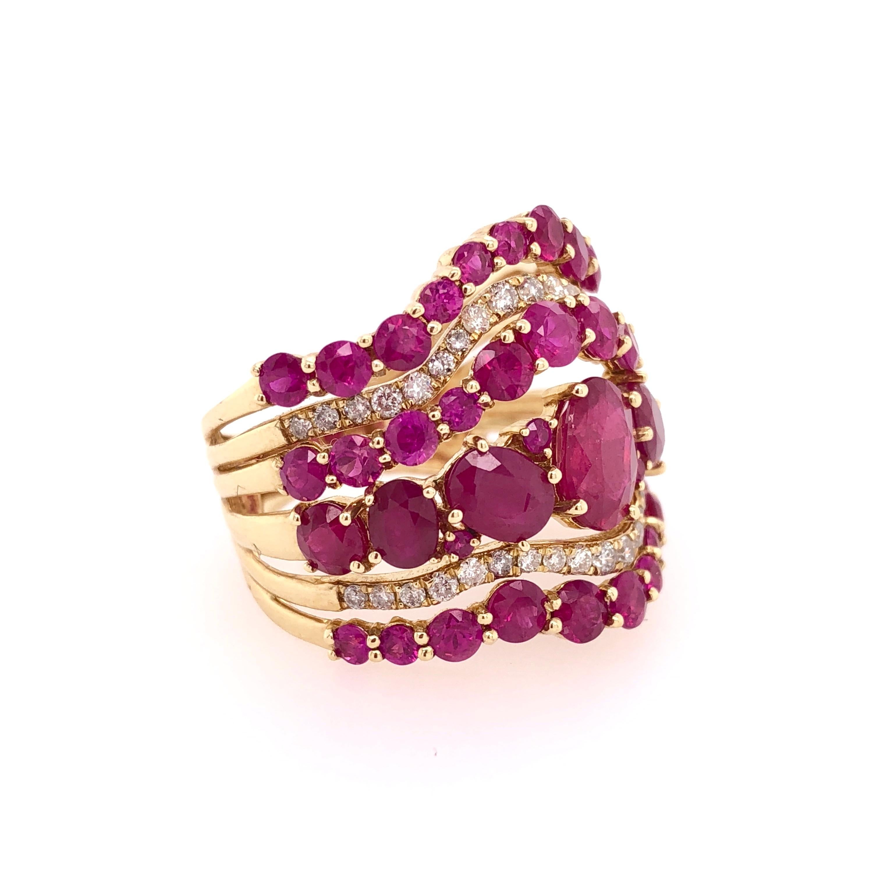 Contemporary RUCHI Ruby and Brilliant-Cut Diamond Yellow Gold Cocktail Ring For Sale