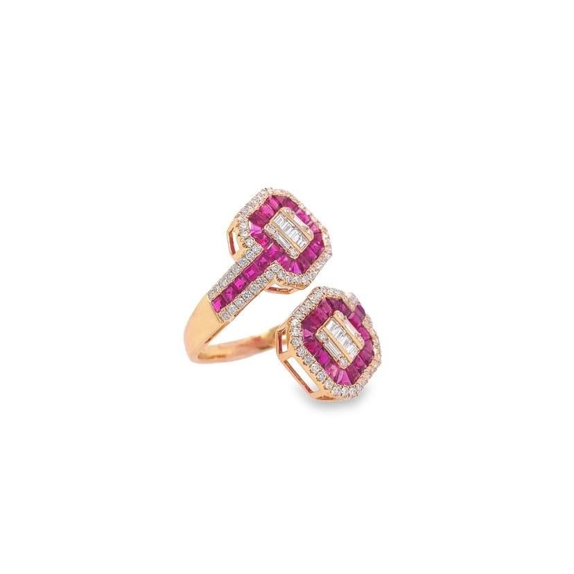 Mixed Cut RUCHI Baguette Ruby and Diamond Yellow Gold Art Deco Bypass Ring For Sale