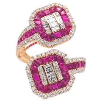 RUCHI Baguette Ruby and Diamond Yellow Gold Art Deco Bypass Ring For Sale