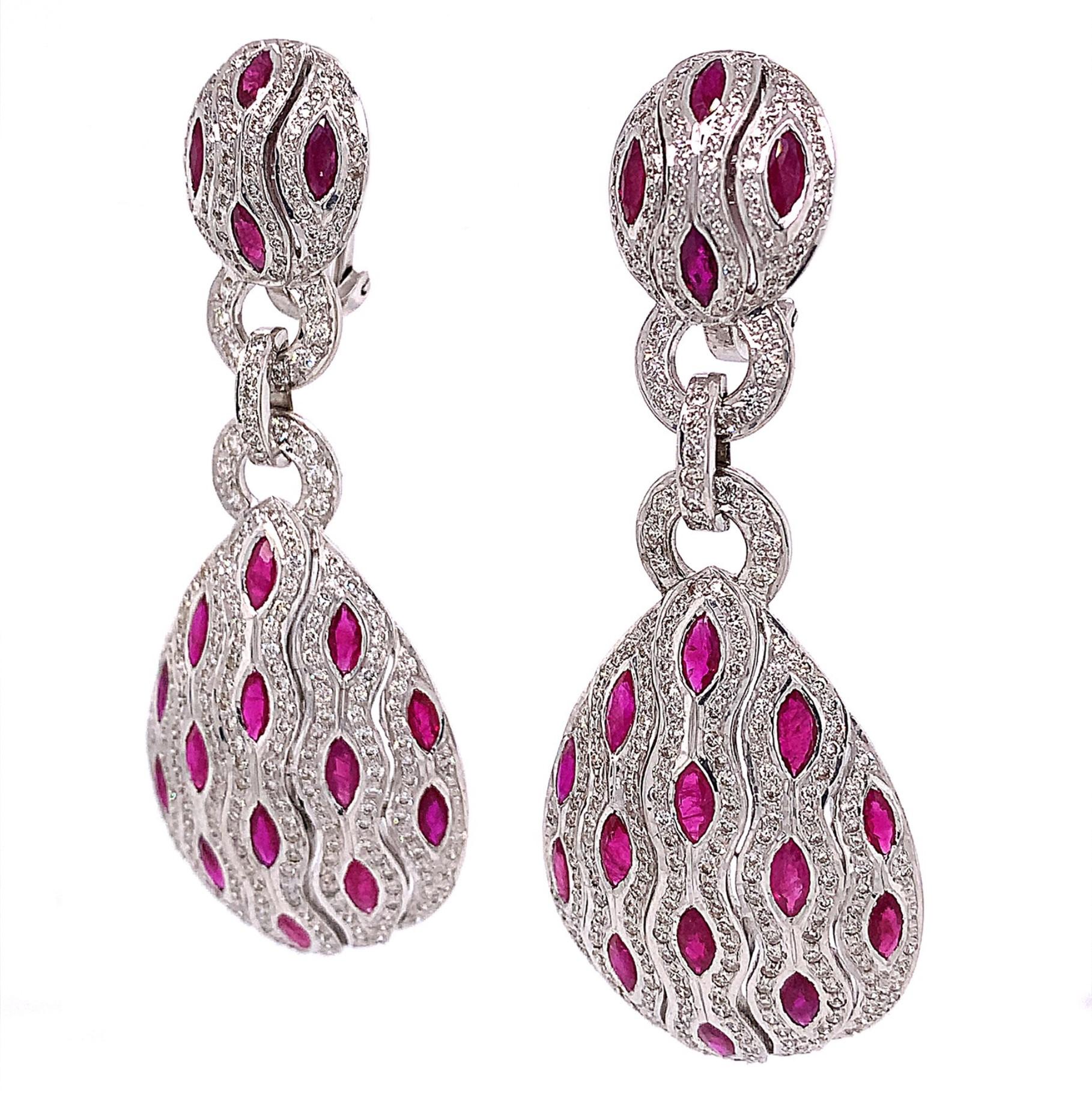 Contemporary RUCHI Marquise Ruby and Pavé Diamond White Gold Statement Earrings For Sale