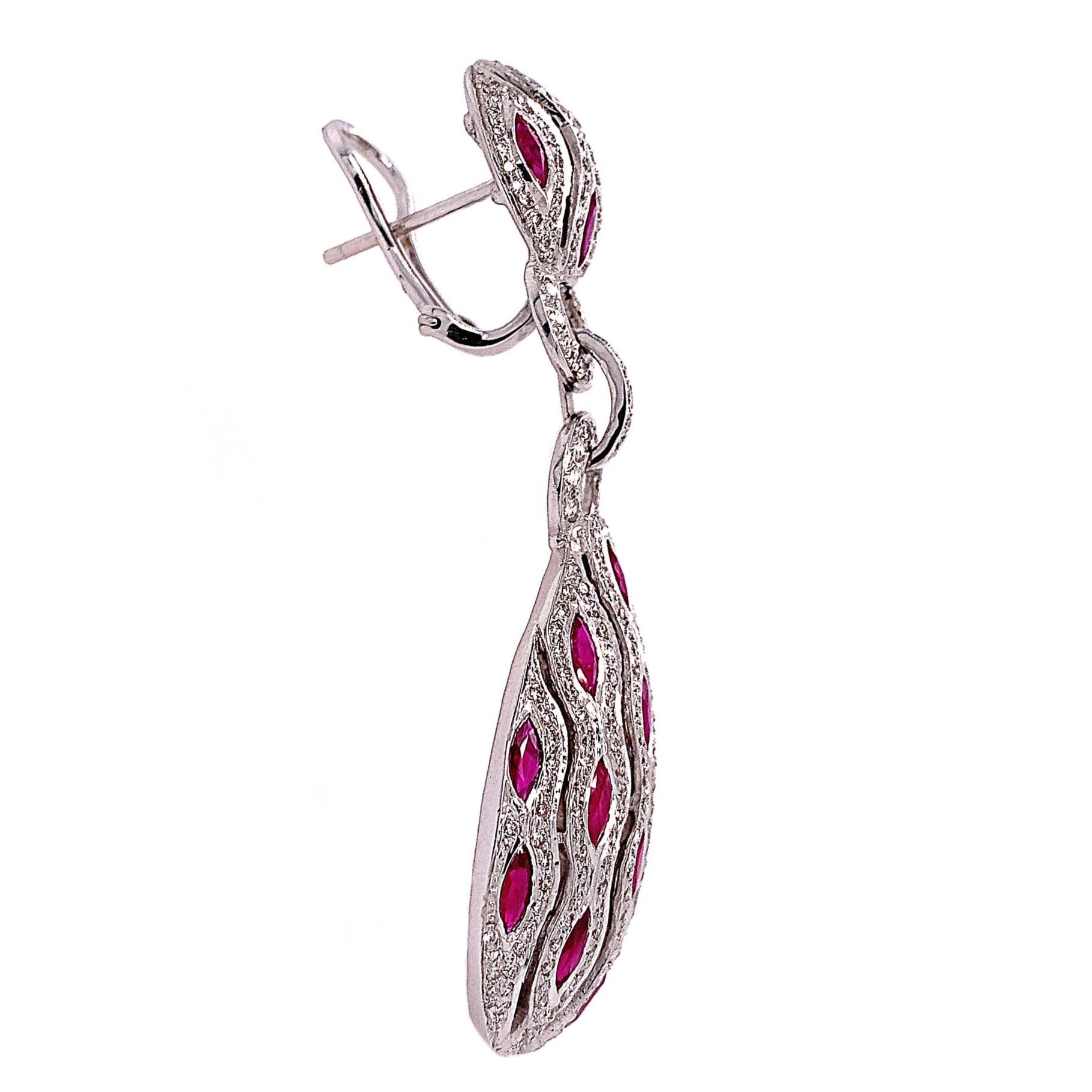 Marquise Cut RUCHI Marquise Ruby and Pavé Diamond White Gold Statement Earrings For Sale